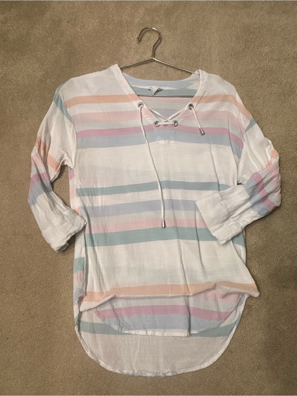 Striped Lace-Up V-Neck Tunic in Pastel Multi